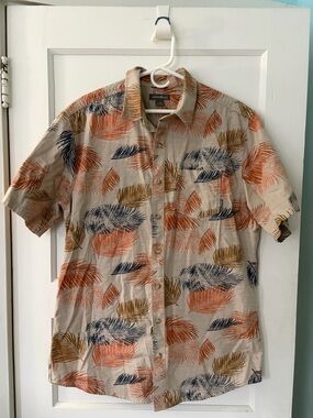 Eddie Bauer Beige Short Sleeve Button-Up w/ Orange & Navy Leaf Print Large Tall